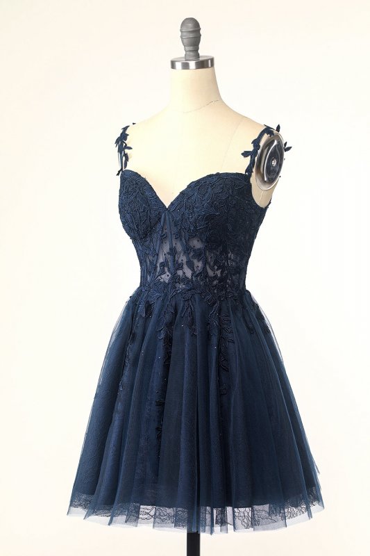 Navy Spaghetti Straps Short Homecoming Dress with Appliques E202283020