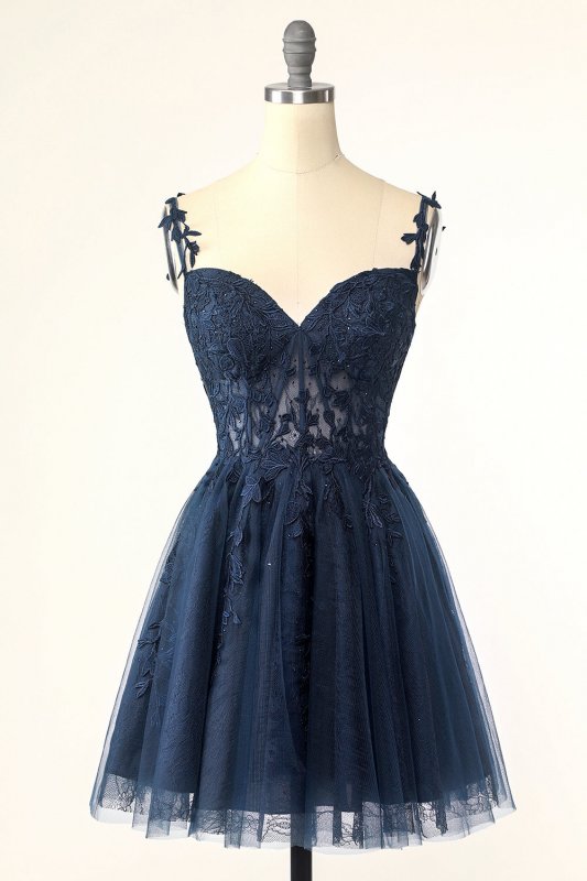 Navy Spaghetti Straps Short Homecoming Dress with Appliques E202283020