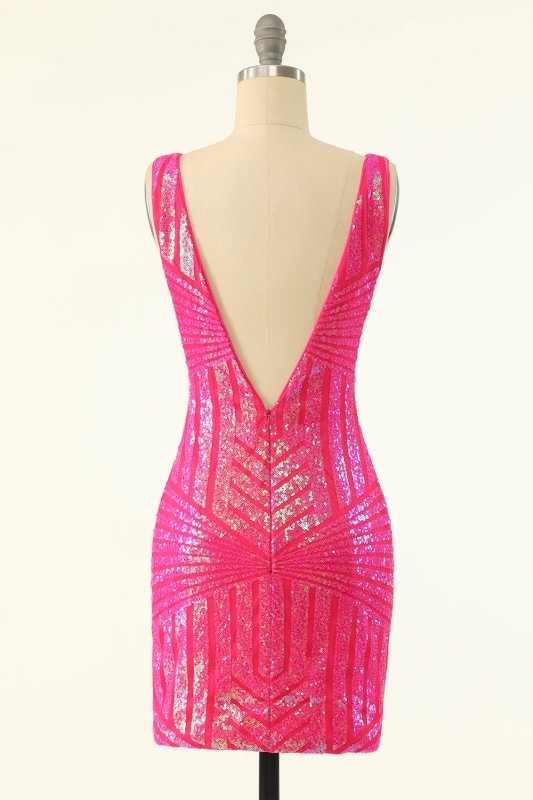 Fuchsia Sequins V-Neck Tight Homecoming Dress E202283053