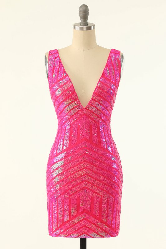 Fuchsia Sequins V-Neck Tight Homecoming Dress E202283053