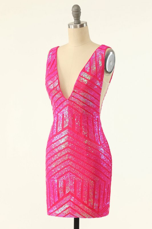 Fuchsia Sequins V-Neck Tight Homecoming Dress E202283053