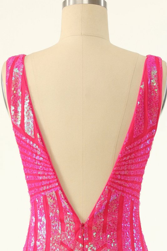 Fuchsia Sequins V-Neck Tight Homecoming Dress E202283053