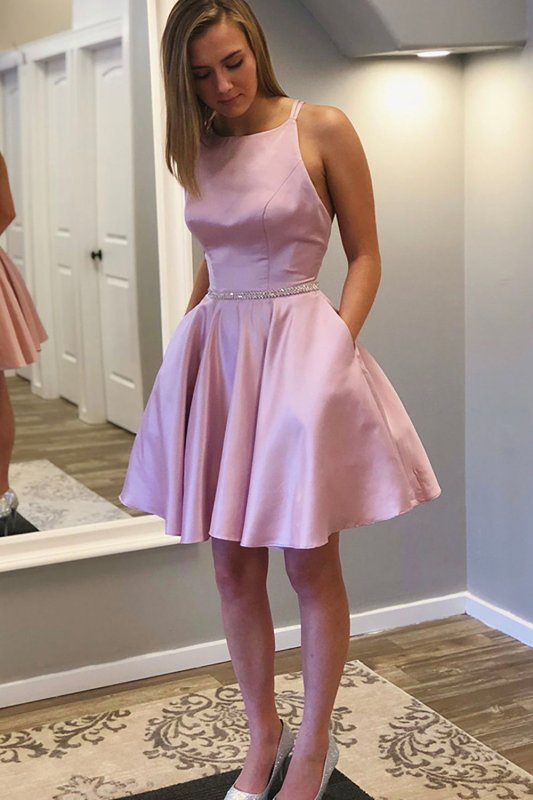 A Line Halter Pink Homecoming Dress with Open Back E202283808