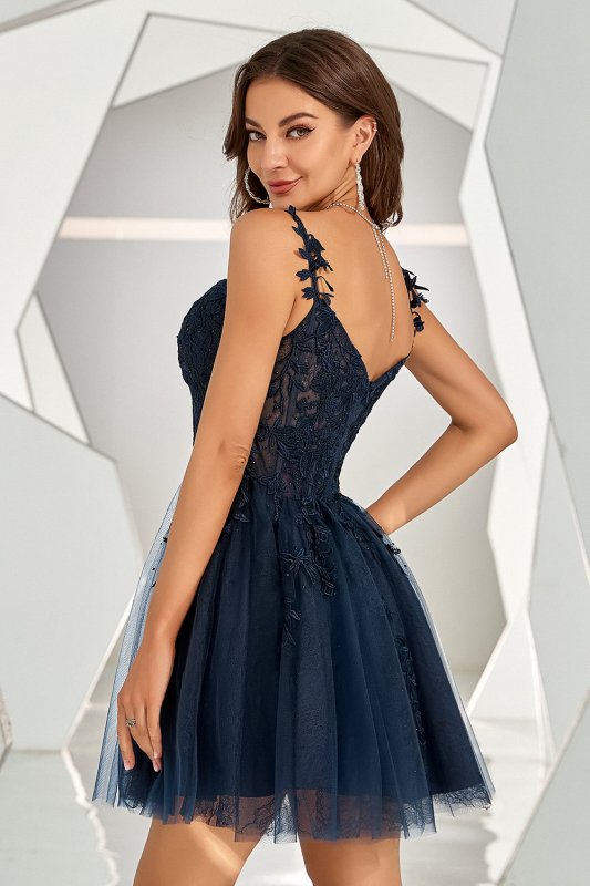Navy Backless Short Cocktail Dress with Appliques E202283067