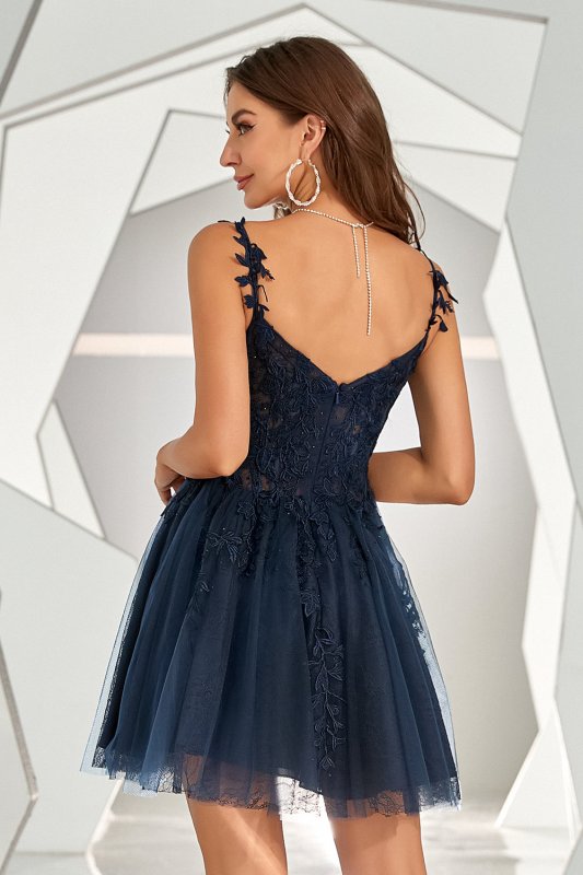 Navy Backless Short Cocktail Dress with Appliques E202283067