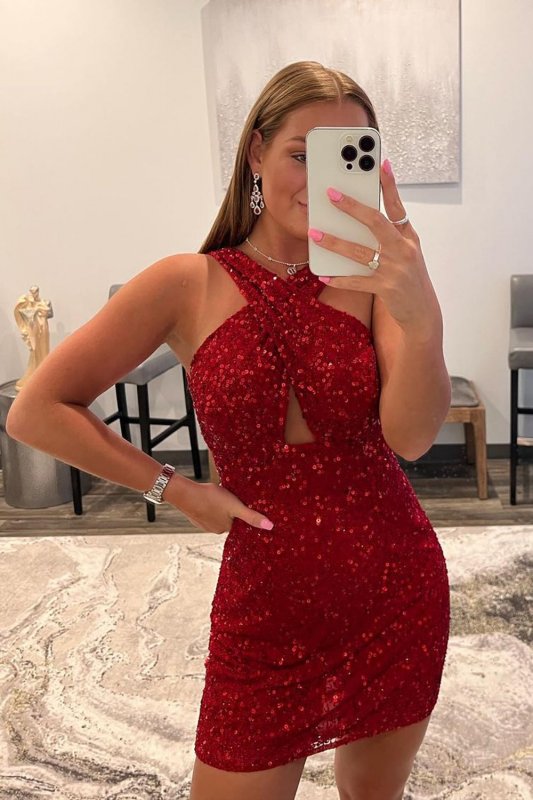 Sheath Halter Red Sequins Homecoming Dress with Backless E202283031