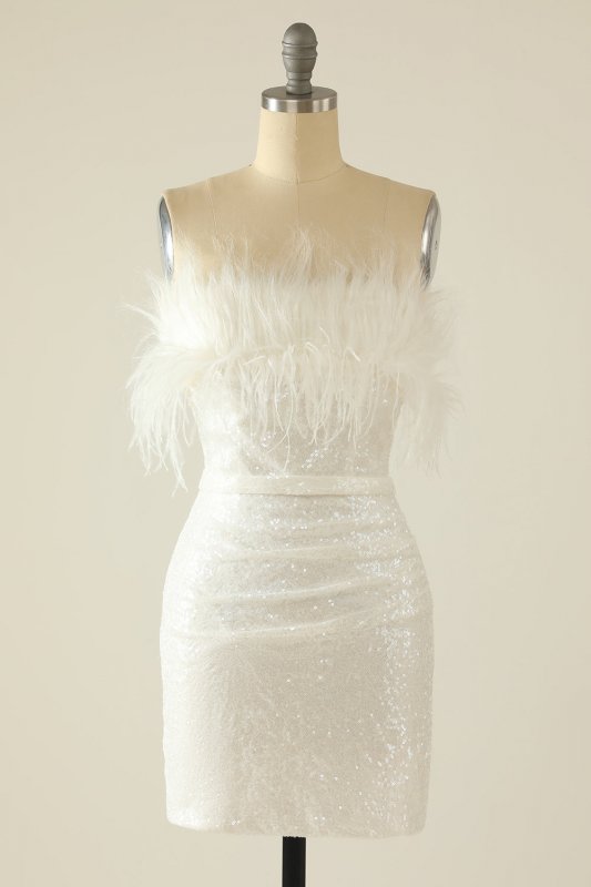 White Strapless Homecoming Dress with Feathers E202283019