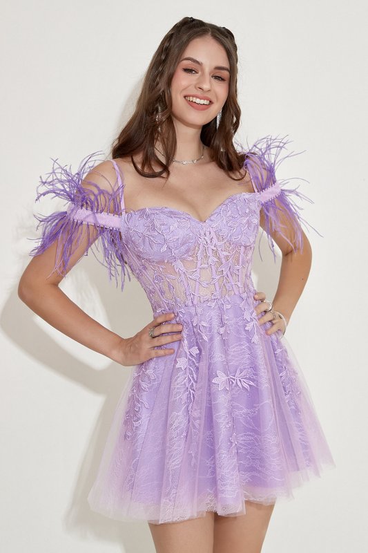 Lavender Off Shoulder Homecoming Dress with Feathers E202283609