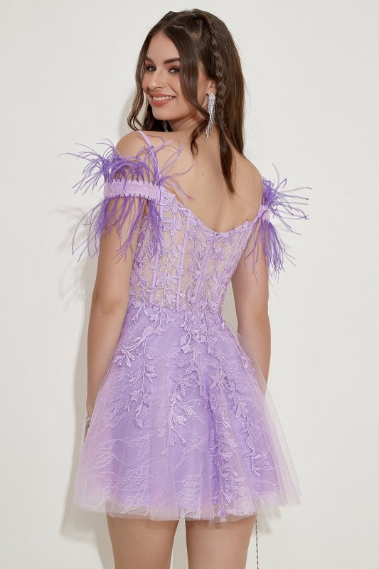 Lavender Off Shoulder Homecoming Dress with Feathers E202283609