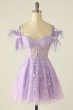 Lavender Off Shoulder Homecoming Dress with Feathers E202283609