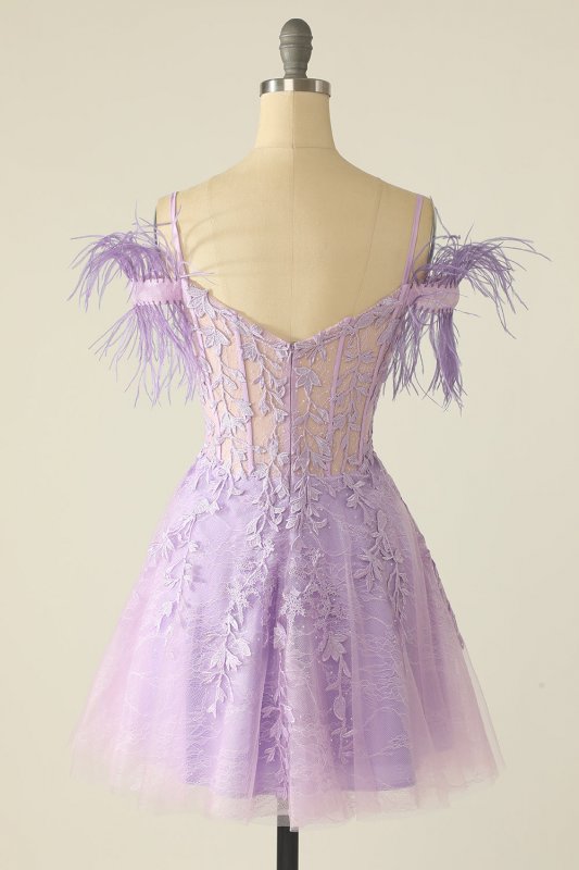 Lavender Off Shoulder Homecoming Dress with Feathers E202283609