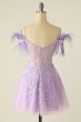 Lavender Off Shoulder Homecoming Dress with Feathers E202283609