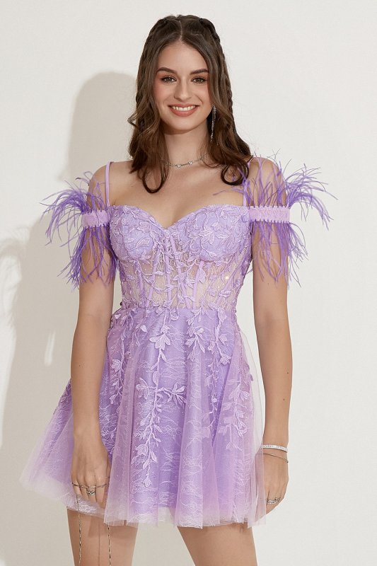 Lavender Off Shoulder Homecoming Dress with Feathers E202283609