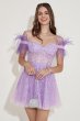 Lavender Off Shoulder Homecoming Dress with Feathers E202283609