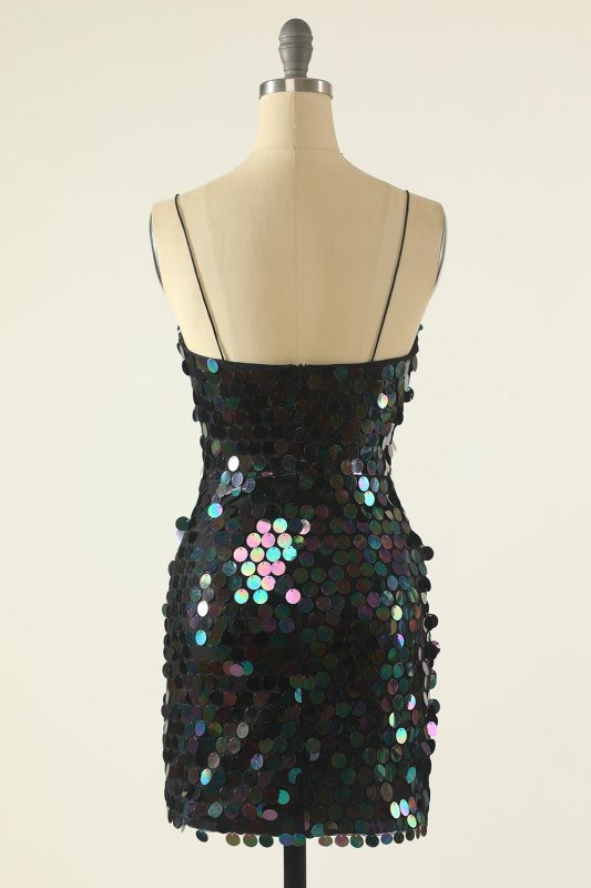 Black Spaghetti Straps Sequined Cocktail Dress E202283613