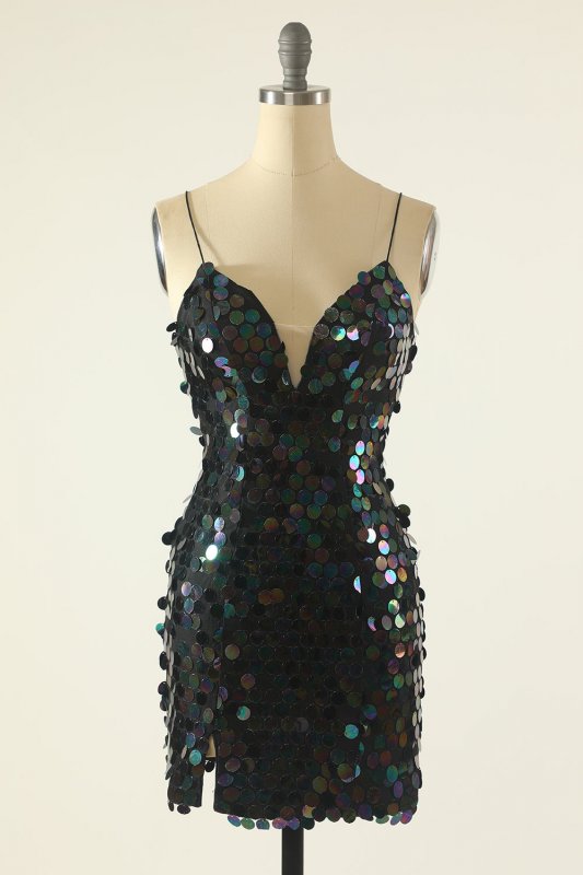 Black Spaghetti Straps Sequined Cocktail Dress E202283613