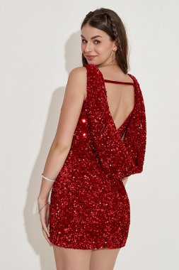 Red Sequined Backless Cocktail Dress E202283611