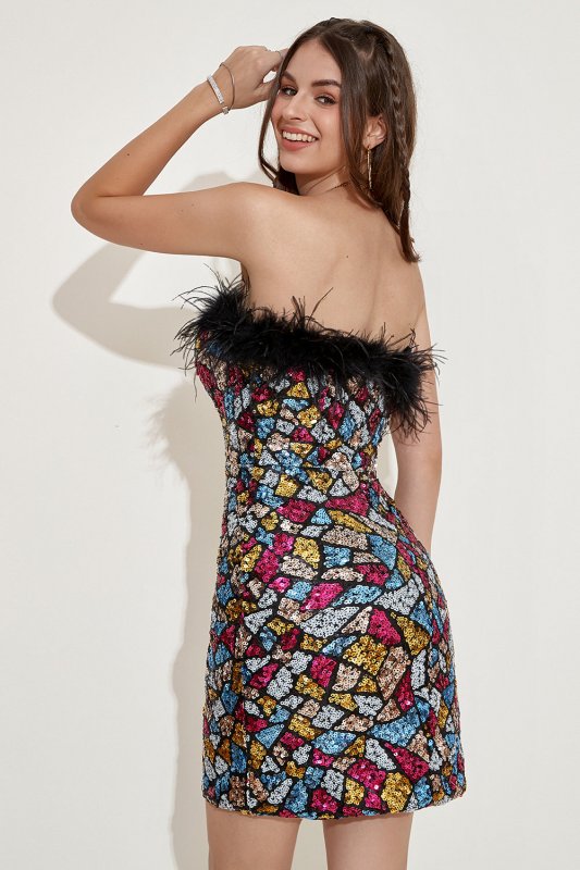 Colorful Strapless Cocktail Dress with Feathers E202283061