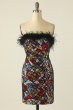 Colorful Strapless Cocktail Dress with Feathers E202283061