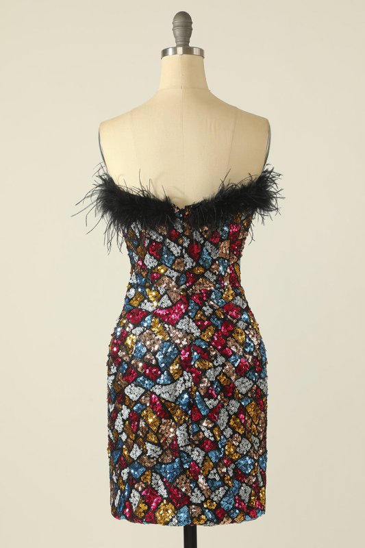 Colorful Strapless Cocktail Dress with Feathers E202283061