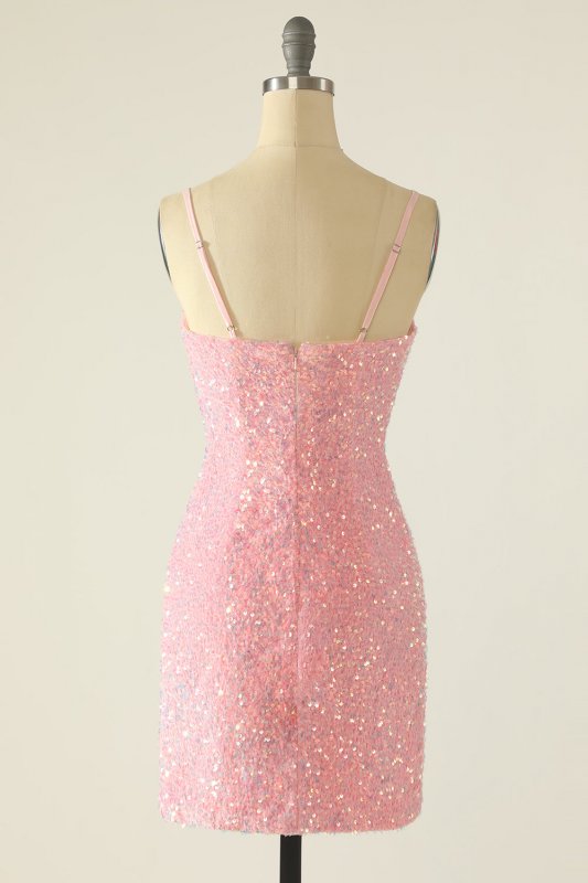 Sheath Spaghetti Straps Pink Sequins Short Homecoming Dress E202283615