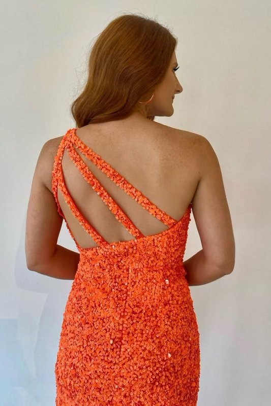 Sheath One Shoulder Orange Sequins Short Homecoming Dress E202283022