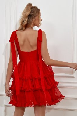 Red Tiered Short Homecoming Dress With Bows E202283810