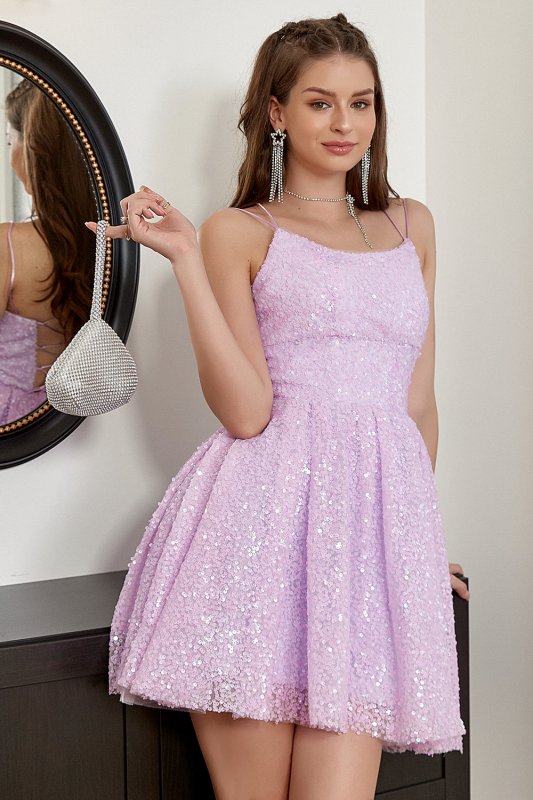 A Line Spaghetti Straps Light Purple Sequins Homecoming Dress E202283023