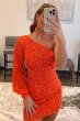 Orange Beaded Sequins One Shoulder Tight Homecoming Dress E202283027