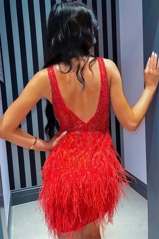 Red Beaded Sequins Tight Homecoming Dress with Feathers E202283056