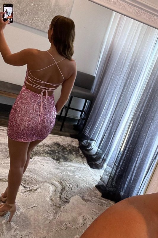 Sparkly Pink Spaghetti Straps Backless Sequins Tight Short Homecoming Dress E202283778
