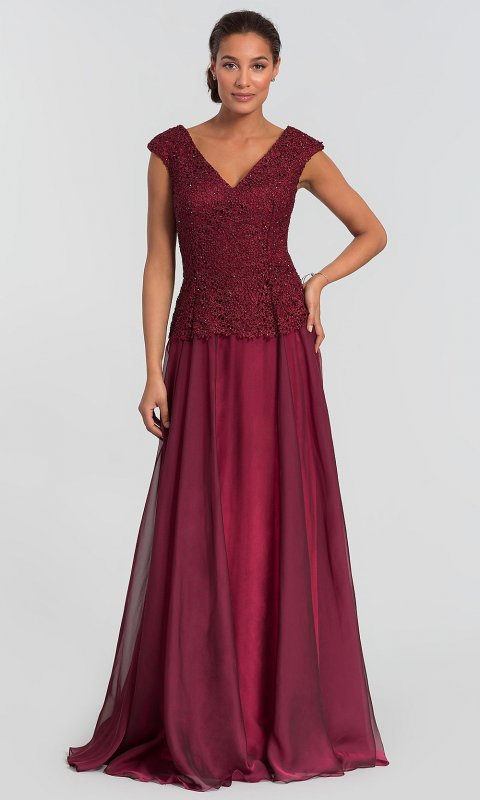 Lace-Bodice Burgundy Red Long MOB Dress AL-27232