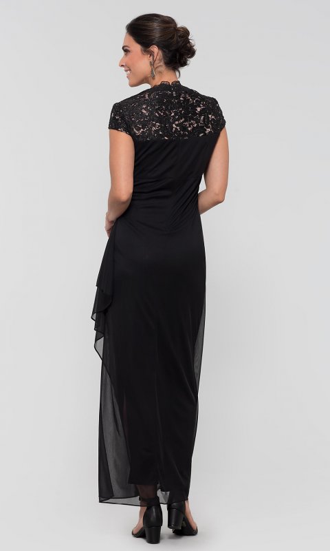 Long Black Lace-Cap-Sleeve MOB Dress AX-1122068