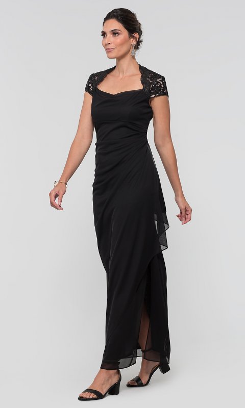 Long Black Lace-Cap-Sleeve MOB Dress AX-1122068