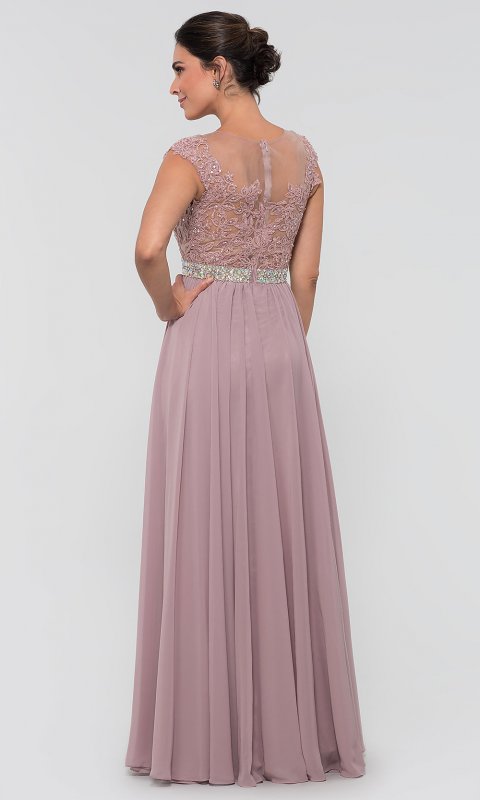 Embroidered-Bodice Chiffon Long MOB Dress in Taupe DQ-9400-v