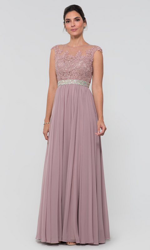 Embroidered-Bodice Chiffon Long MOB Dress in Taupe DQ-9400-v