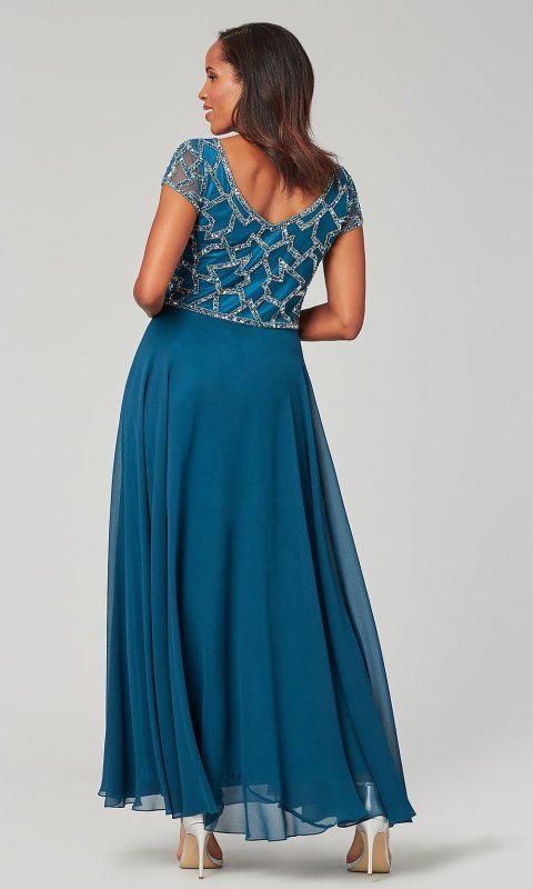 Long Blue Mother-of-the-Bride Dress with Beaded Bodice JKA-5186