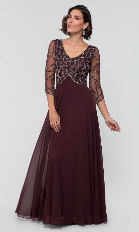 Long MOB Dress with Beaded Three-Quarter Sleeves JKA-5211