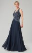 Long Navy Chiffon MOB Dress with Beaded Bodice JKA-5219