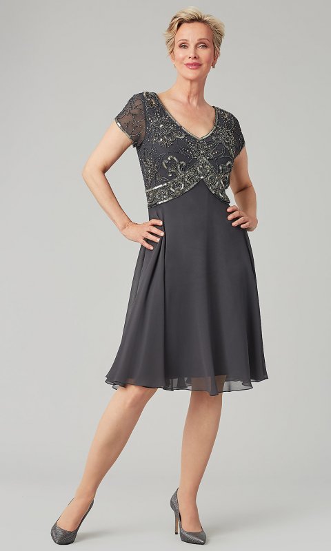 Beaded-Bodice Short-Sleeve Knee-Length MOB Dress JKA-5241