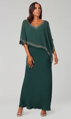 Long Green Mother-of-the-Bride Dress with Beaded Cape JKA-5296