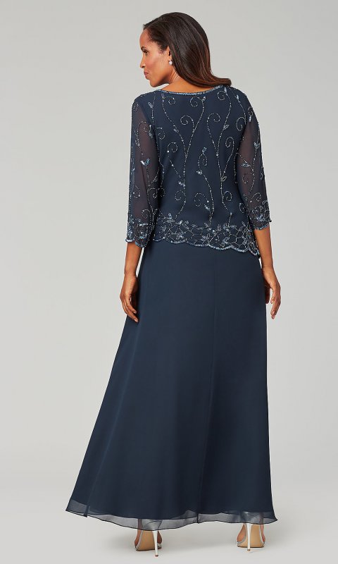 Three-Quarter-Sleeve Long Navy MOB Dress with Beading JKA-5320