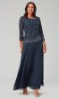 Three-Quarter-Sleeve Long Navy MOB Dress with Beading JKA-5320