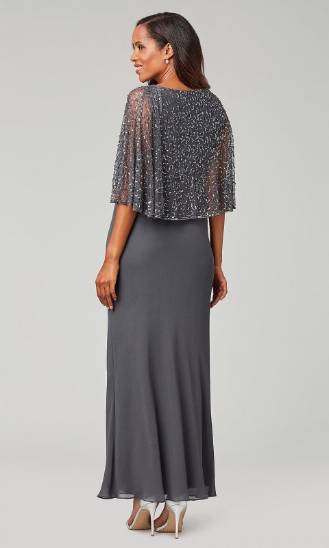 Grey Long Chiffon Cowl-Neck MOB Dress with Sequin Cape JKA-5348