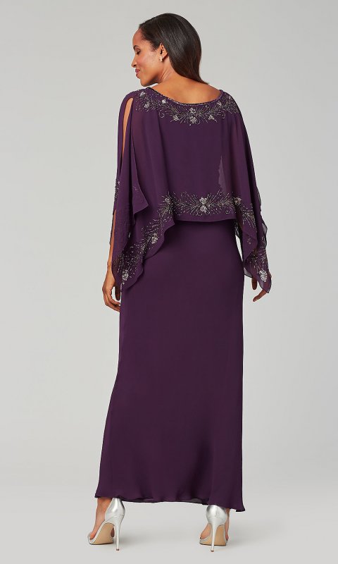 Long Chiffon Plum Purple MOB Dress with Attached Cape JKA-5357