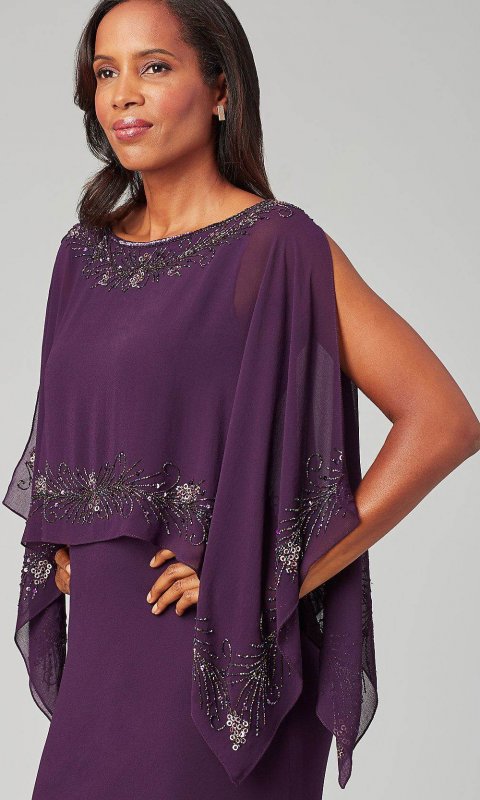 Long Chiffon Plum Purple MOB Dress with Attached Cape JKA-5357