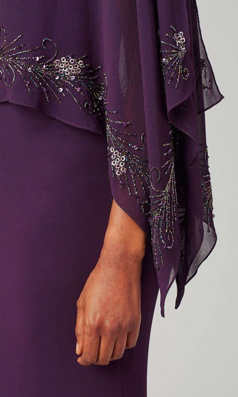 Long Chiffon Plum Purple MOB Dress with Attached Cape JKA-5357