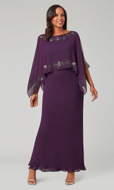 Long Chiffon Plum Purple MOB Dress with Attached Cape JKA-5357