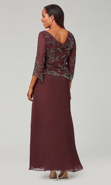 Long Wine Red MOB Dress with Sleeved Beaded Bodice JKA-5435