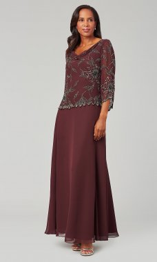 Long Wine Red MOB Dress with Sleeved Beaded Bodice JKA-5435